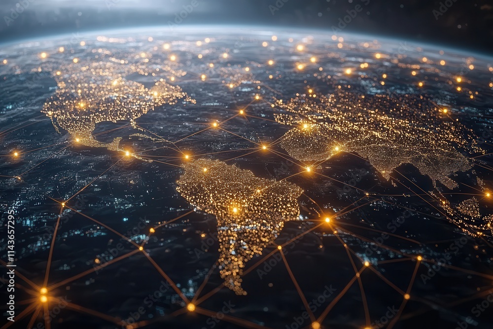 Poster A stunning view of Earth from space, highlighting illuminated regions and interconnected networks across continents.