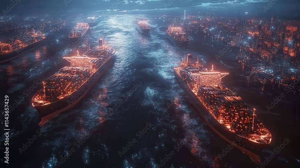 Poster a vibrant, futuristic cityscape at night featuring illuminated ships navigating through water, creat