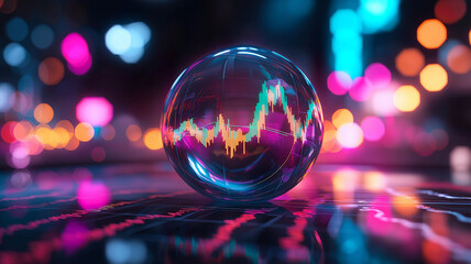 A futuristic depiction of a bubble encapsulating stock market trends, set against a vibrant, abstract background featuring colorful lights and dynamic graphs
