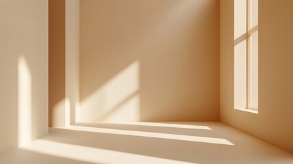 Solid beige background theme, A serene, minimalist interior scene with soft light and shadows casting on warm-toned walls.