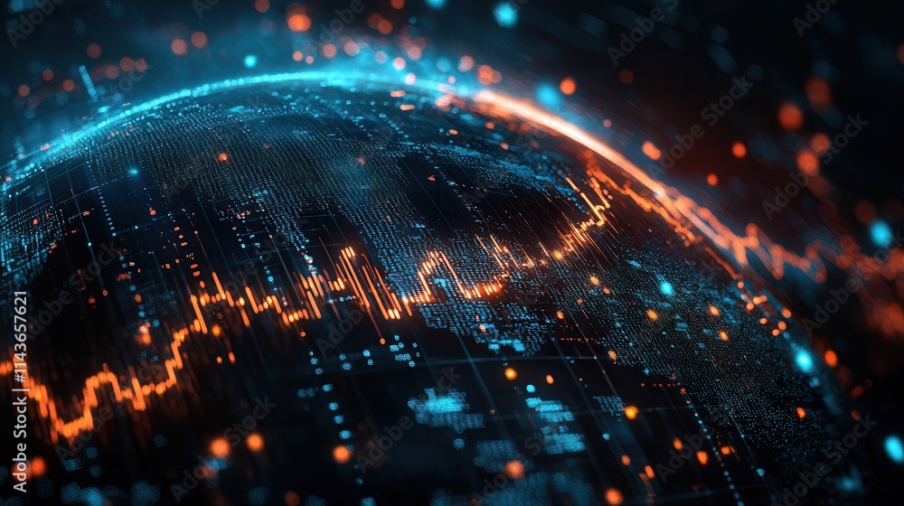 Poster A vibrant digital globe with glowing data lines and abstract connections, representing technology, data, and global networking.