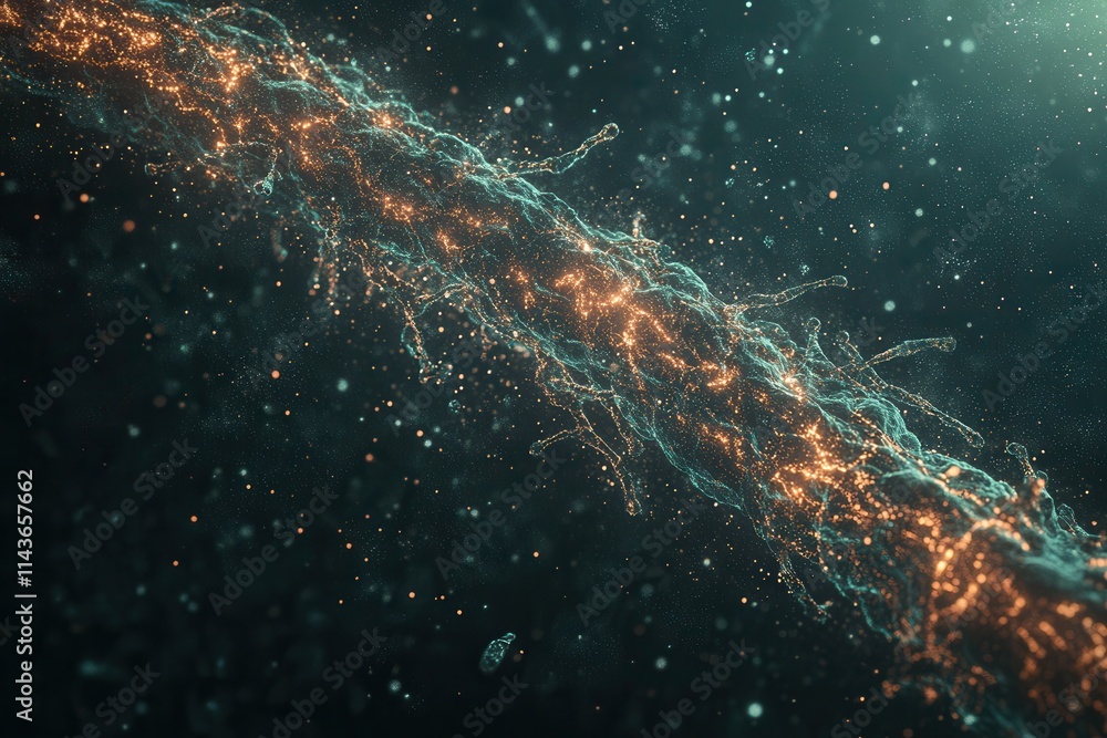 Poster A mesmerizing abstract depiction of glowing particles intertwined, creating a dynamic and ethereal visual effect against a dark background.