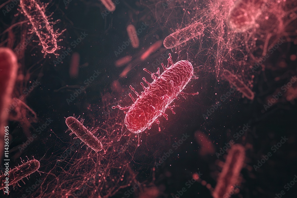 Poster a close-up view of vibrant, glowing bacteria, showcasing their intricate structures against a dark b