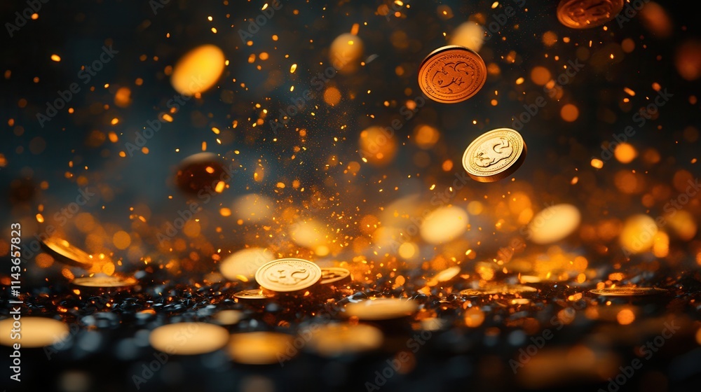 Poster A stunning close-up of shimmering coins falling through the air, creating a mesmerizing effect against a dark background.