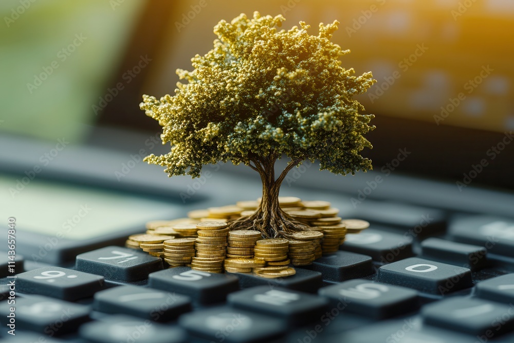 Poster A miniature tree grows from a pile of coins atop a calculator, symbolizing the relationship between finance and sustainability.