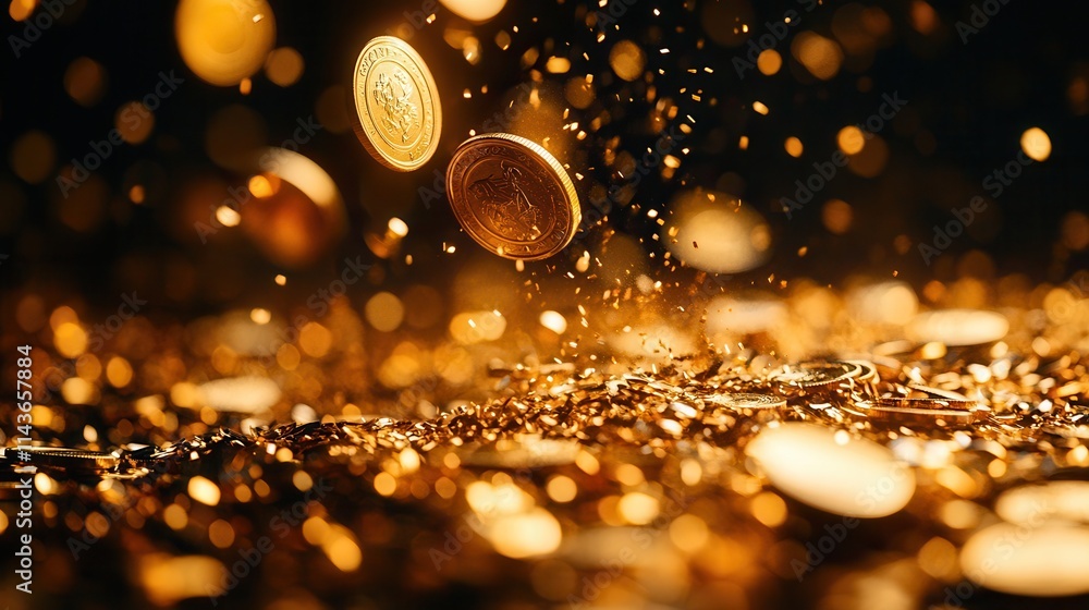Poster a close-up of shimmering gold coins falling onto a glittering surface, creating a captivating and lu