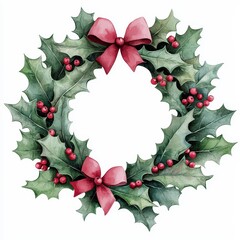 Fototapeta premium Christmas watercolor Holly wreath with red bow and berries for decoration