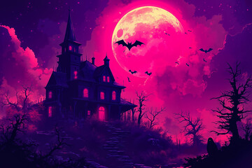A haunted house with bats flying around it in front of a full moon