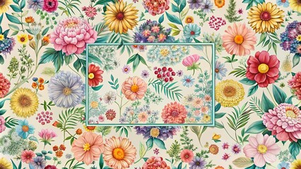 Vibrant floral botanical illustration featuring a diverse array of blossoms and foliage, perfect for textile designs or wallpaper