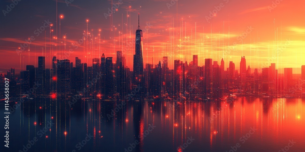 Poster a vibrant city skyline at sunset, reflected in water with glowing data patterns, creating a futurist