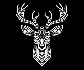 An illustration of head deer in black background. Fit for tshirt design, tattoo and poster. Vector graphic.