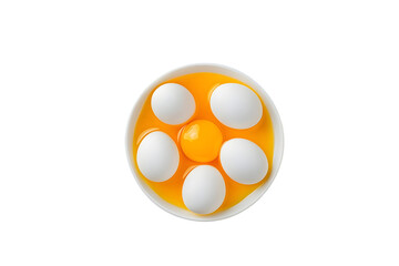 White eggs and egg yolk on the yellow background. topview