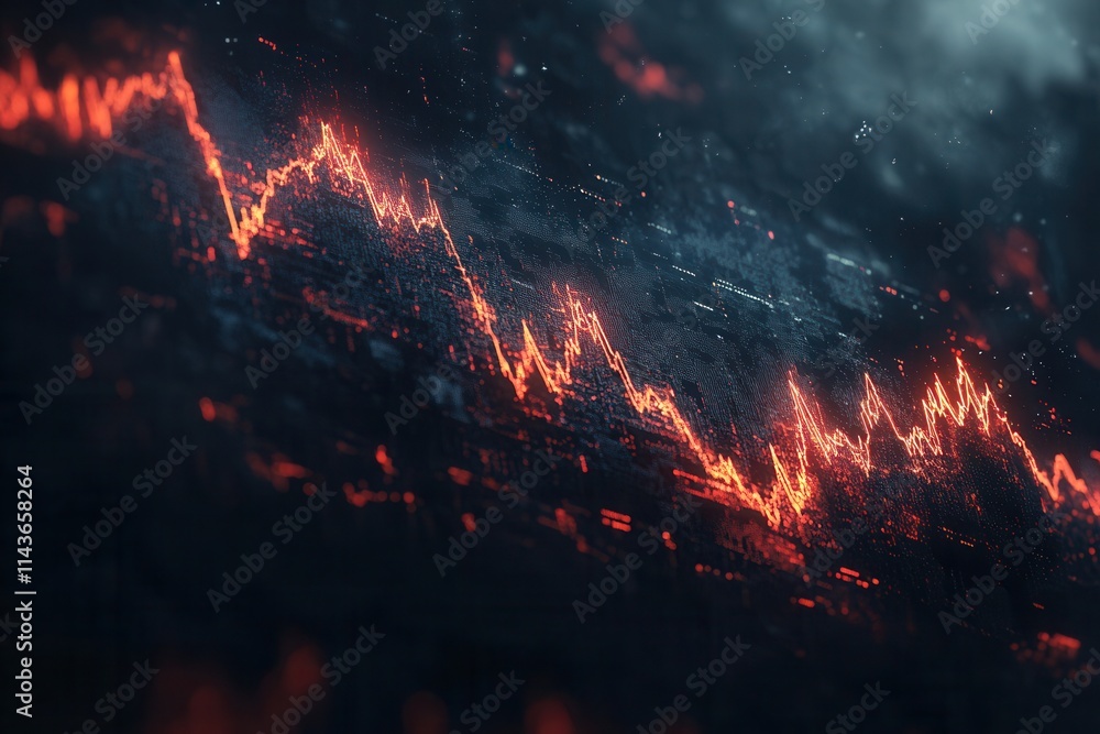 Poster a dynamic visualization of a fluctuating graph, showcasing a downward trend with vibrant red lines a
