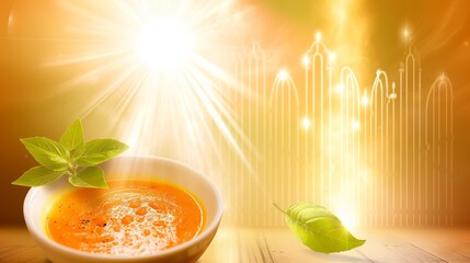 Majestic pearly gates with a heavenly light, and a bowl of creamy tomato soup with a sprig of basil floating beside them on a transparent background. 32k, full ultra hd, high resolution -