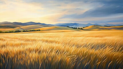 Obraz premium A serene landscape of golden wheat fields under a soft, colorful sky at sunset.