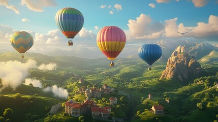 Fototapeta premium A serene landscape with colorful hot air balloons floating over a picturesque village and mountains.