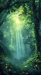 Obraz premium Enchanting sunlit forest with magical glowing rays filtering through the lush verdant foliage A serene fairytale like landscape conveying a sense of tranquility wonder and natural beauty