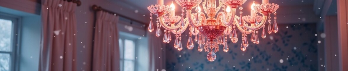 Obraz premium A stunning rose gold and pink crystal chandelier hanging from a snowy ceiling, rose gold, snow, crystals