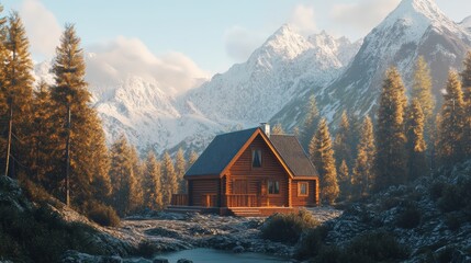 Fototapeta premium a cozy wooden cabin surrounded by towering pine trees in the mountains, nestled in a serene alpine landscape with snow-capped peaks in the distance, smoke gently rising from the cabin's chimney, creat
