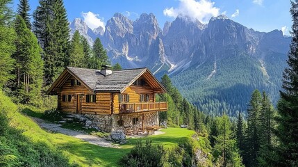 a cozy wooden cabin surrounded by towering pine trees in the mountains, nestled in a serene alpine landscape with snow-capped peaks in the distance, smoke gently rising from the cabin's chimney, creat