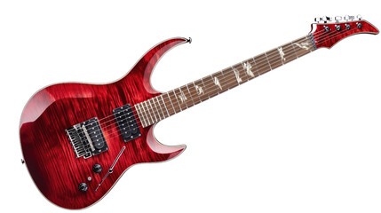 Crimson Electric Guitar: A striking red electric guitar with a sleek, modern design and intricate details. The guitar’s body is a burst of rich crimson, with a gleaming finish that reflects the light.