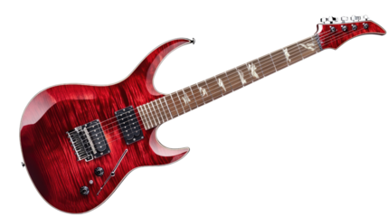 Crimson Electric Guitar: A striking red electric guitar with a sleek, modern design and intricate details. The guitar’s body is a burst of rich crimson, with a gleaming finish that reflects the light.