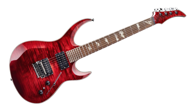 Crimson Electric Guitar: A striking red electric guitar with a sleek, modern design and intricate details. The guitar’s body is a burst of rich crimson, with a gleaming finish that reflects the light.