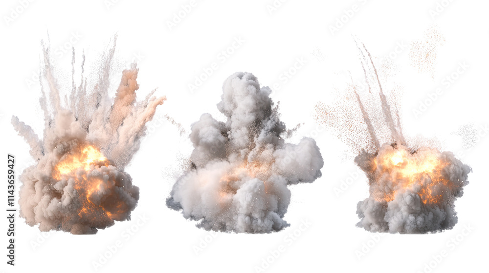 Poster explosive impact: a dramatic set of three isolated explosions, each capturing a different stage of t