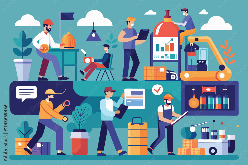 Poster a group of men performs different tasks, showcasing teamwork and productivity in a vibrant work envi