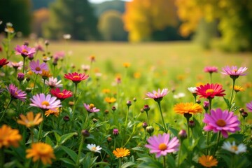 Fototapeta premium Autumn meadow with a variety of wildflowers including asters, chrysanthemums and sedum, autumn, grass