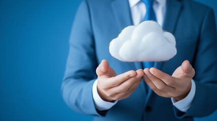 businessman holding a virtual clouding