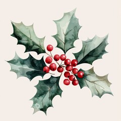 Christmas watercolor Holly leaves with red berries on a light background