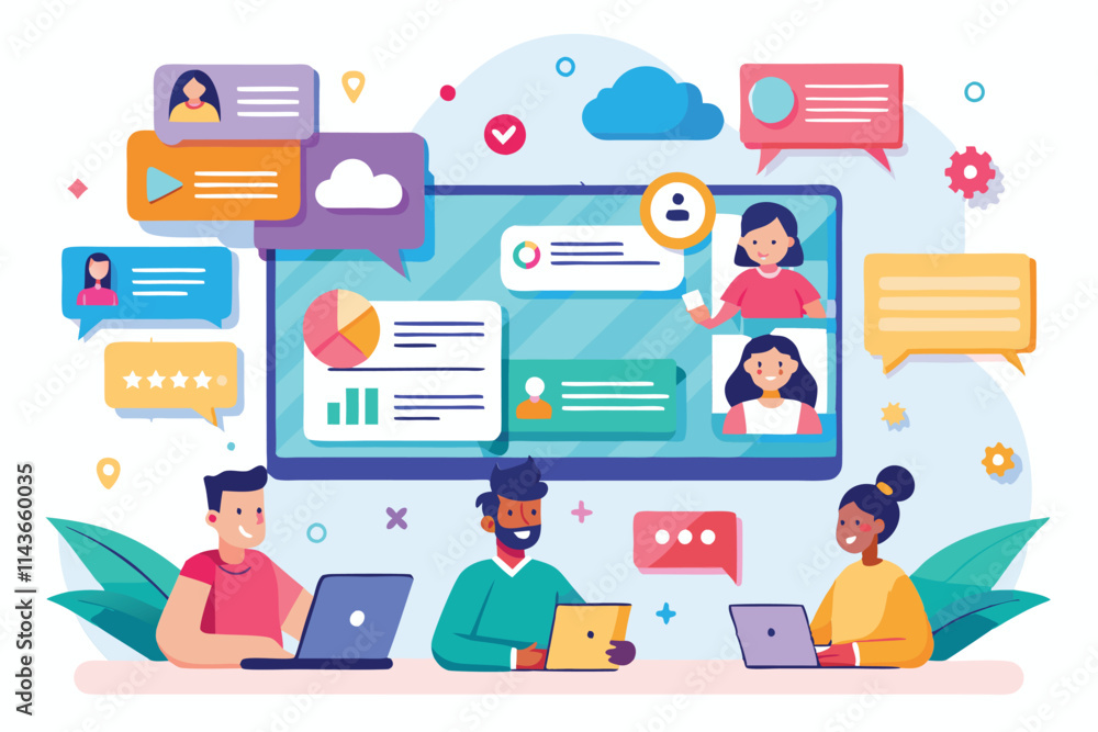 Poster a diverse group of people actively communicates online while using laptops and tablets in a vibrant 