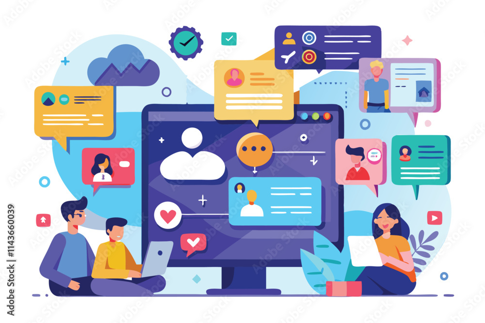 Poster people engage in digital communication using devices, surrounded by vibrant messaging icons and grap