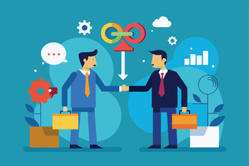Two business professionals shake hands to symbolize a merger, showcasing a vibrant flat design style Merger of businesses with customizable flat illustration.