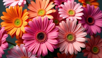 A vibrant bouquet of gerbera daisies in shades of pink and orange, mixed blooms,