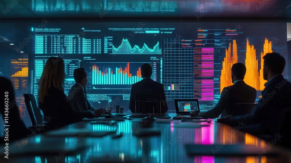 Aufkleber a group of professionals discusses data insights in a dark, futuristic meeting room with vibrant scr