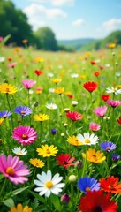 Obraz premium A vibrant meadow filled with a variety of blooming wildflowers, flower field, wildflower meadow, natural scenery