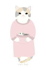 リラックスウエアを着たミケ猫の母親と子猫