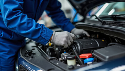 A mechanic in blue overalls inspecting and repairing a car engine with tools in a professional auto service garage