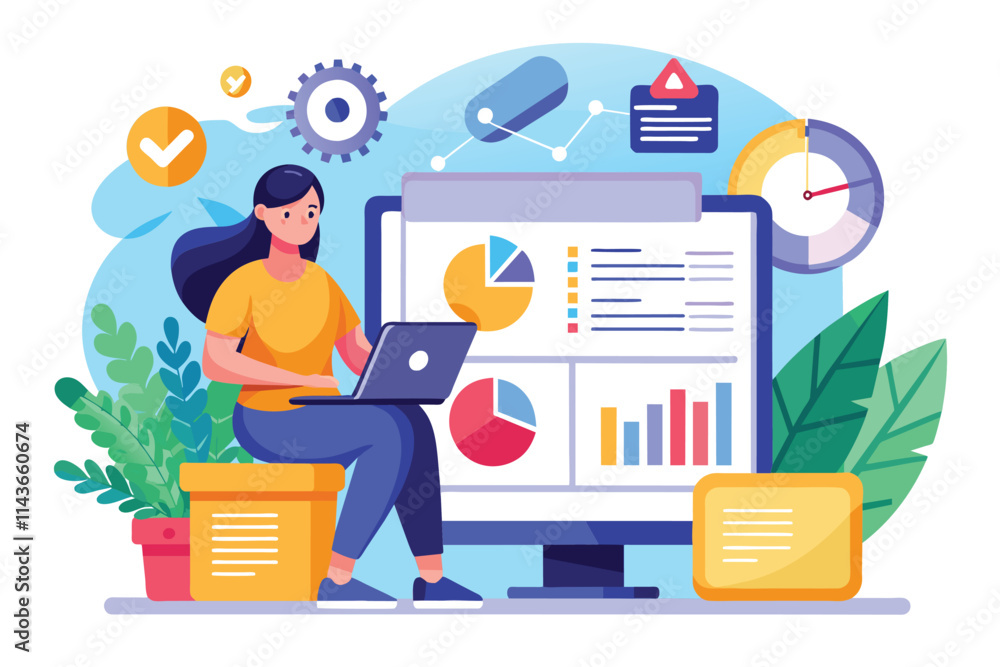 Poster a person analyzes monthly reports using a laptop, surrounded by colorful charts and data visuals mon