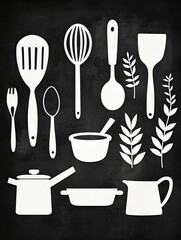 A collection of white kitchen utensils and cookware silhouettes against a dark background, featuring various spoons, pots, and leafy herbs.