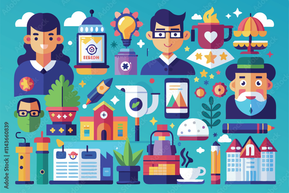 Poster a colorful set of flat illustrations features characters and creative tools for enhanced customizati