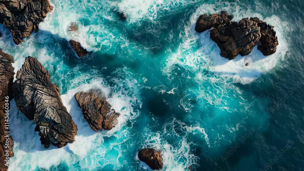 Poster waves swirl and crash against the rocky shoreline, creating a mesmerizing display of turquoise and w