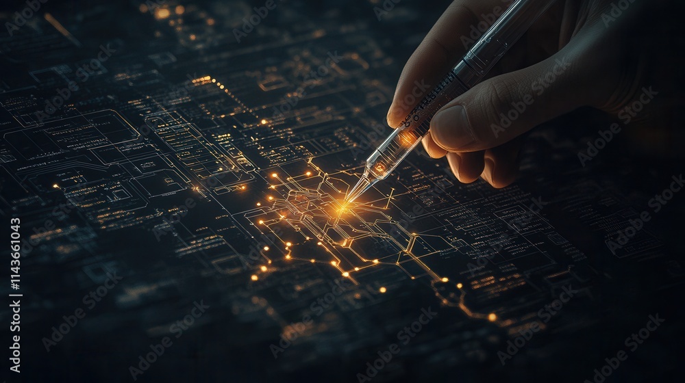 Poster a hand holding a pen illuminates a circuit board, showcasing intricate pathways and glowing connecti