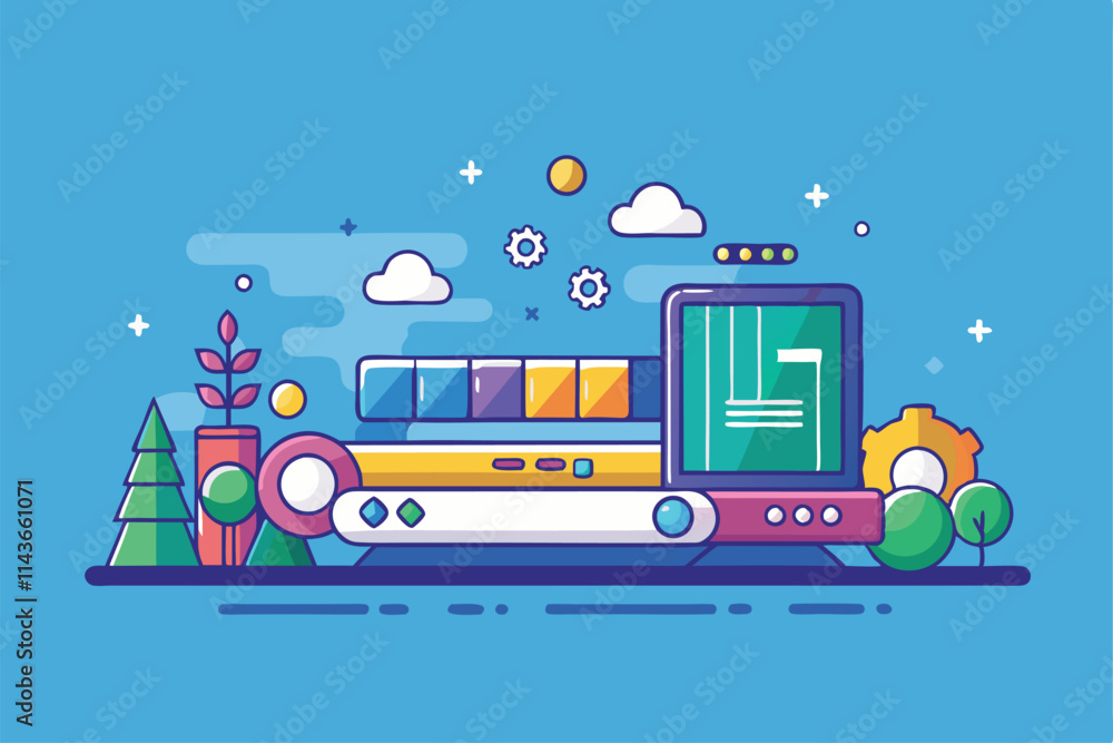 Poster a colorful and customizable semi-flat illustration showcasing a computer setup with gears and plants