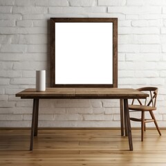 Wooden Table Chair and Blank Frame Against White Brick Wall