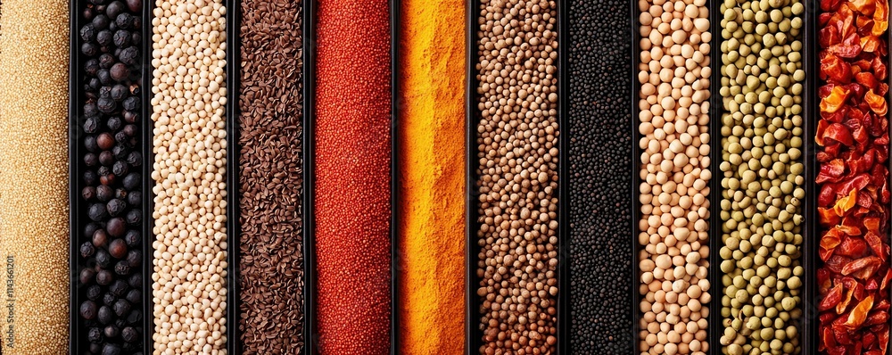 Poster middle east hospitality concept. a vibrant display of various spices and seeds arranged in neat rows