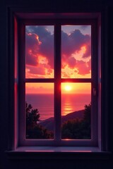 A window with a dramatic sunset on the horizon at dusk, colorful sunset, light effects