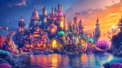 Obraz premium a majestic underwater city filled with glowing corals and fantastical marine creatures, the vibrant cityscape illuminated by bioluminescent lights, with unique sea creatures swimming gracefully among 